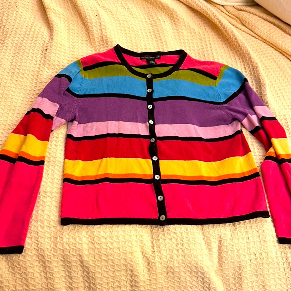90s style vintage rainbow stripe cardigan Sarah Spencer